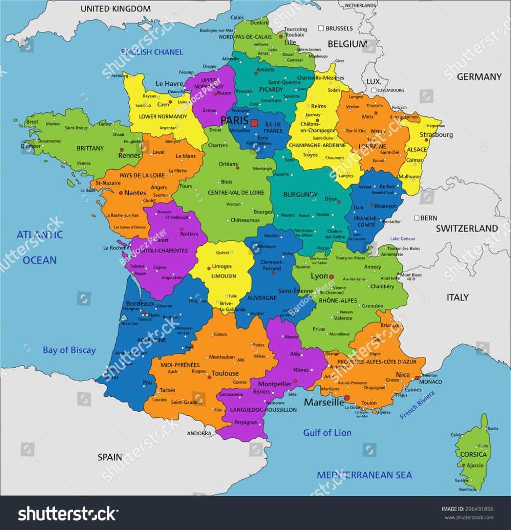 colorful france political map clearly labeled stock vektorgrafik